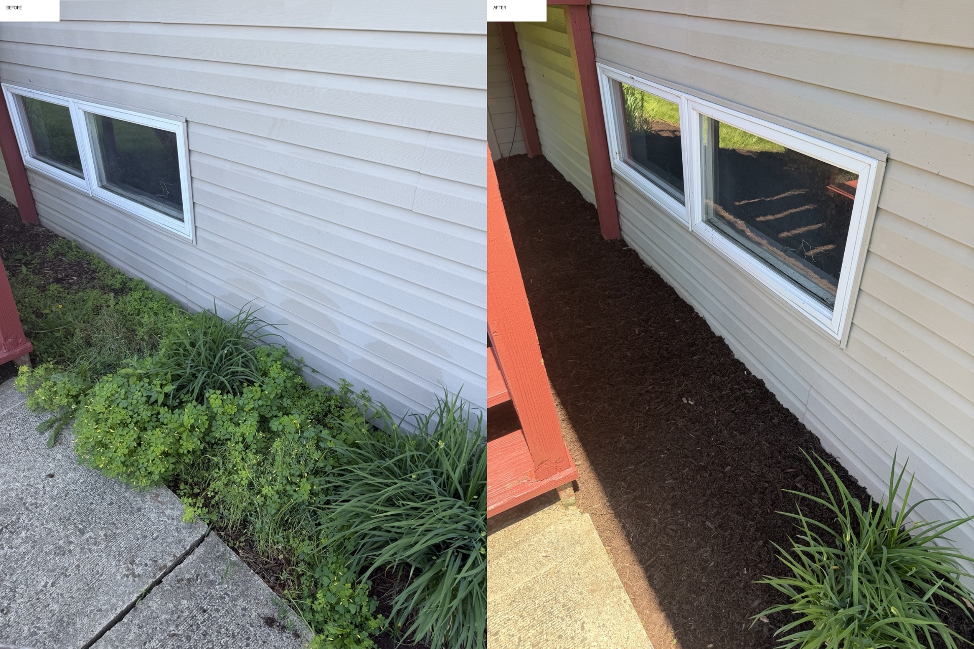 Before and after landscaping — weed removal and fresh mulch around basement window