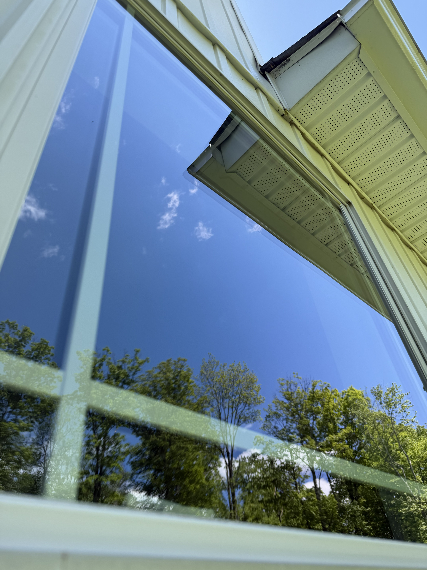 Spotless window reflecting blue sky and trees