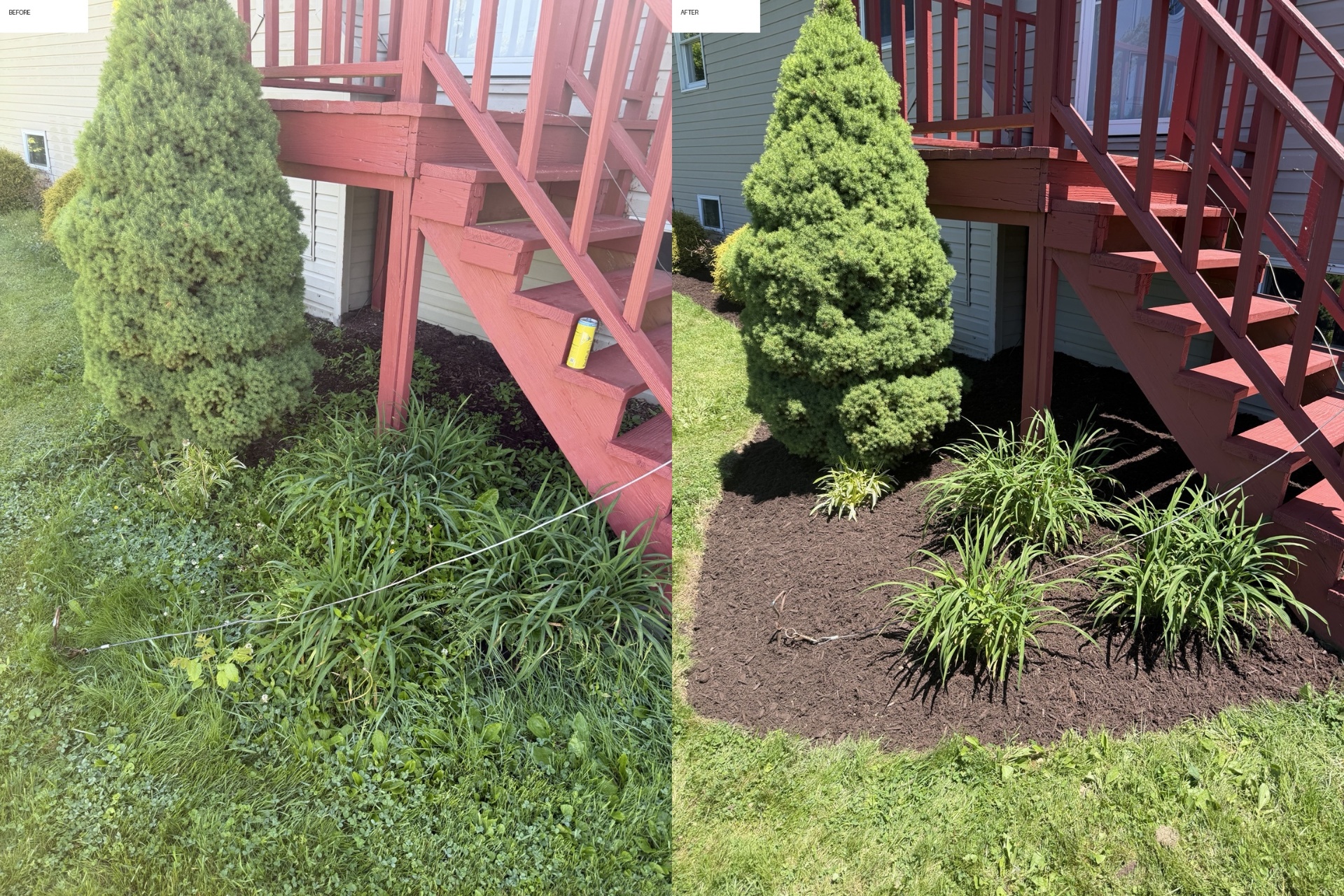 Before and after landscaping — cleared bed and fresh mulch under back deck